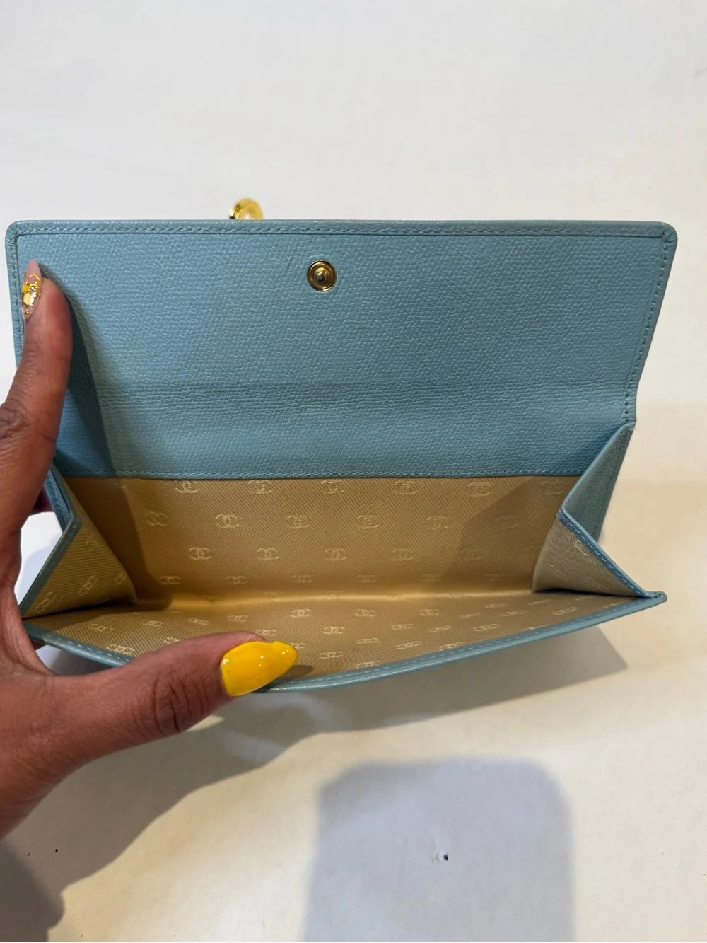CHANEL Teal Blue Leather Snap Wallet with Gold Hardware